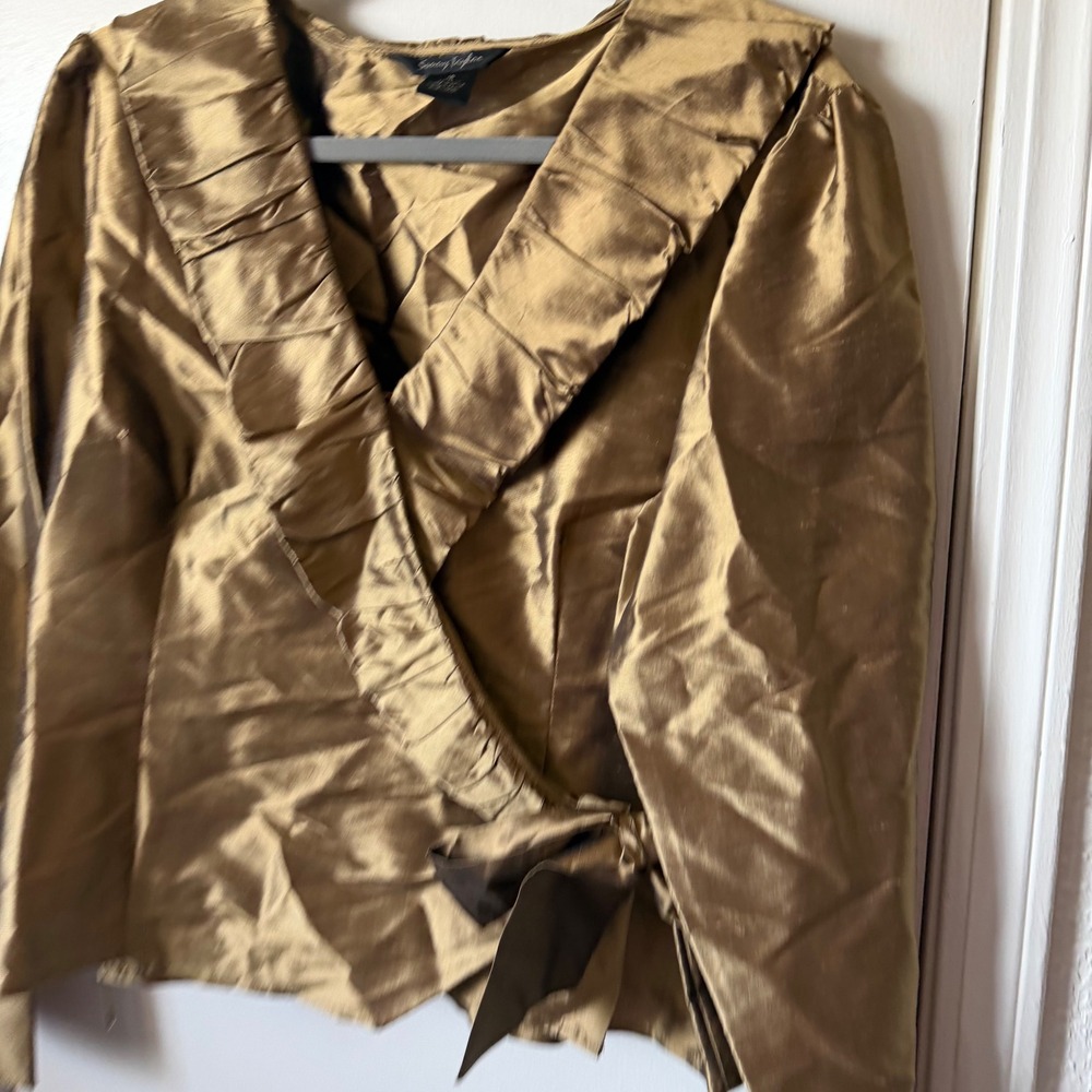 Sunny Taylor 100% Silk Bronze Ruffle Wrap Blouse Metallic Gold Brown Size 16 - Picture 3 of 5